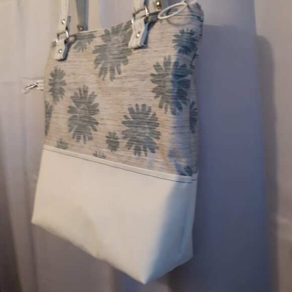 New Floral Vinyl Double handle Shoulder Satchel Bag Purse Greige Teal Canva Boho - Picture 5 of 10